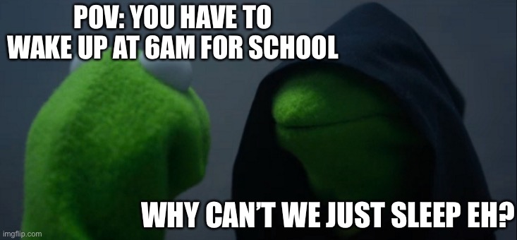 When you have school | POV: YOU HAVE TO WAKE UP AT 6AM FOR SCHOOL; WHY CAN’T WE JUST SLEEP EH? | image tagged in memes,evil kermit | made w/ Imgflip meme maker