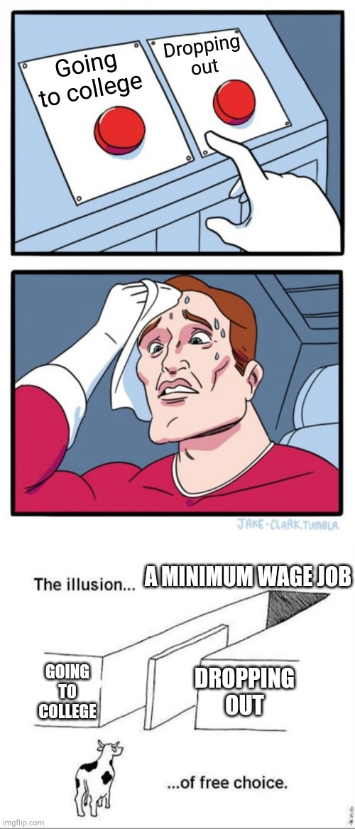 Choose wisely | Dropping out; Going to college; A MINIMUM WAGE JOB; DROPPING OUT; GOING TO COLLEGE | image tagged in memes,two buttons,illusion of free choice | made w/ Imgflip meme maker