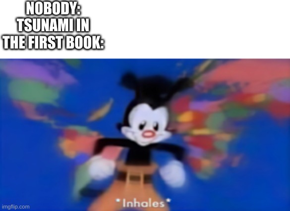 OH THE DRAGONETS ARE COMING, THEY'RE COMING TO SAVE THE DAY | NOBODY:
TSUNAMI IN THE FIRST BOOK: | image tagged in yakko inhale | made w/ Imgflip meme maker