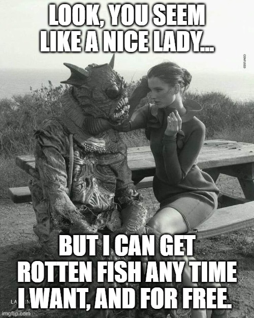 Look Lady | LOOK, YOU SEEM LIKE A NICE LADY... BUT I CAN GET ROTTEN FISH ANY TIME I WANT, AND FOR FREE. | image tagged in monster | made w/ Imgflip meme maker