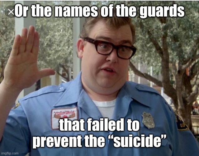 John Candy National Lampoon Vacation Guard | Or the names of the guards that failed to prevent the “suicide” | image tagged in john candy national lampoon vacation guard | made w/ Imgflip meme maker