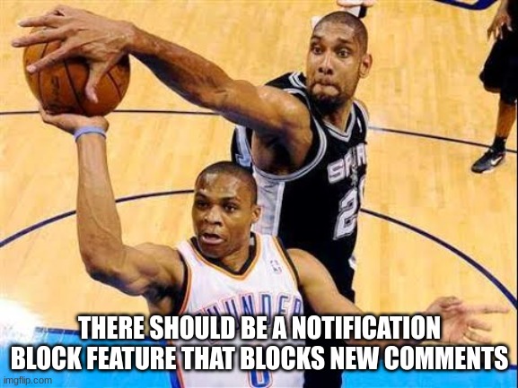 Basketball Block | THERE SHOULD BE A NOTIFICATION BLOCK FEATURE THAT BLOCKS NEW COMMENTS | image tagged in basketball block | made w/ Imgflip meme maker