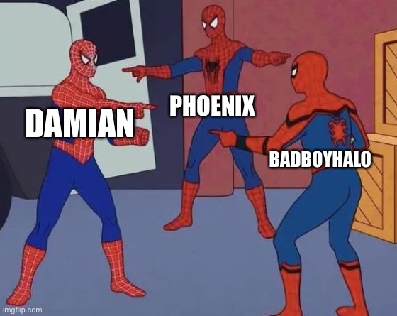 Damian, Phoenix, BadBoyHalo Pointing | PHOENIX; DAMIAN; BADBOYHALO | image tagged in 3 spiderman pointing | made w/ Imgflip meme maker