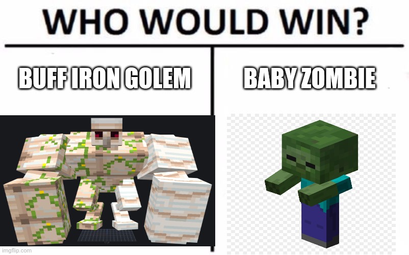 who would win????? | BUFF IRON GOLEM; BABY ZOMBIE | image tagged in minecraft,power | made w/ Imgflip meme maker