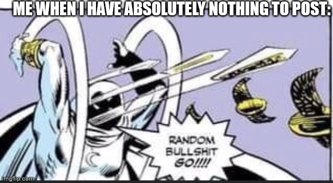 Random Bullshit Go | ME WHEN I HAVE ABSOLUTELY NOTHING TO POST: | image tagged in random bullshit go | made w/ Imgflip meme maker