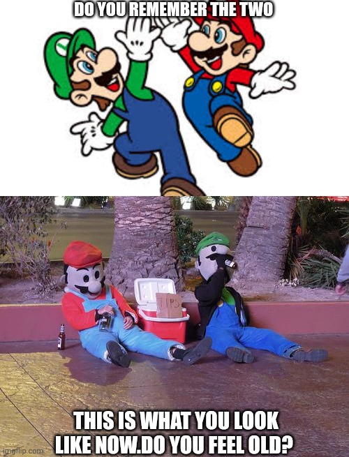 DO YOU REMEMBER THE TWO; THIS IS WHAT YOU LOOK LIKE NOW.DO YOU FEEL OLD? | image tagged in mario bros high five,mario and luigi drunk | made w/ Imgflip meme maker