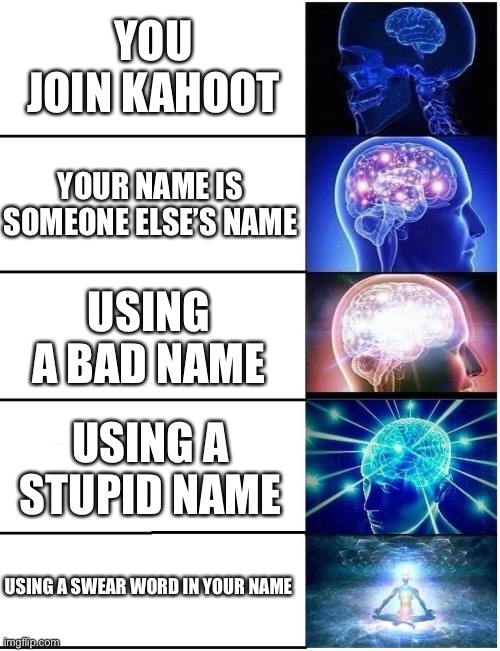 Expanding Brain 5 Panel | YOU JOIN KAHOOT; YOUR NAME IS SOMEONE ELSE’S NAME; USING A BAD NAME; USING A STUPID NAME; USING A SWEAR WORD IN YOUR NAME | image tagged in expanding brain 5 panel | made w/ Imgflip meme maker