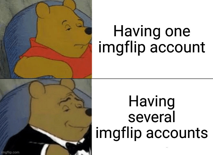 Yea | Having one imgflip account; Having several imgflip accounts | image tagged in memes,tuxedo winnie the pooh | made w/ Imgflip meme maker