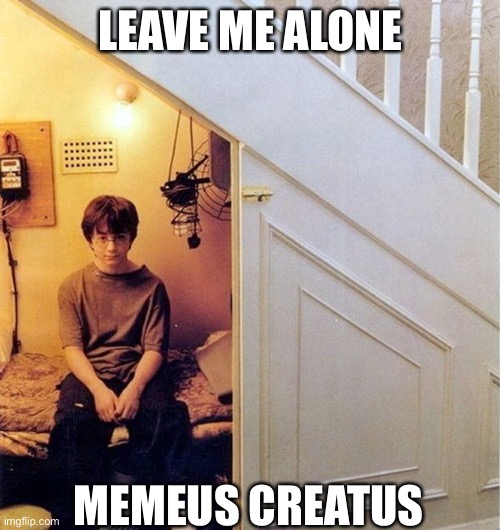 Making memes | LEAVE ME ALONE MEMEUS CREATUS | image tagged in harry potter unde rthe stairs,cupboard,memes | made w/ Imgflip meme maker