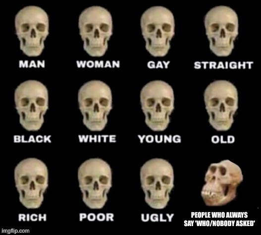 idiot skull | PEOPLE WHO ALWAYS SAY 'WHO/NOBODY ASKED' | image tagged in idiot skull | made w/ Imgflip meme maker
