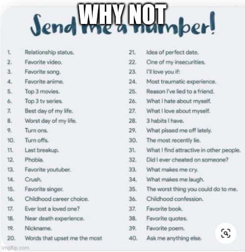 im the only one that posted today so send me a number | WHY NOT | image tagged in send me a number | made w/ Imgflip meme maker