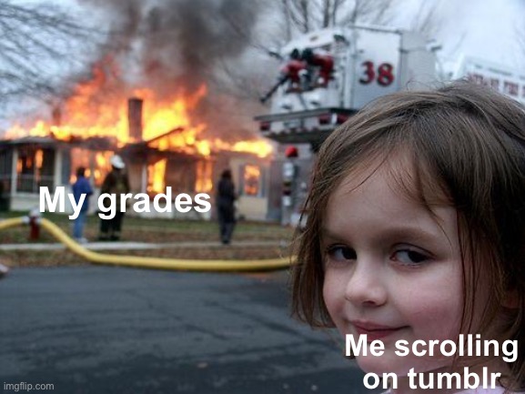 I have a 14 in history | My grades; Me scrolling on tumblr | image tagged in memes,disaster girl | made w/ Imgflip meme maker