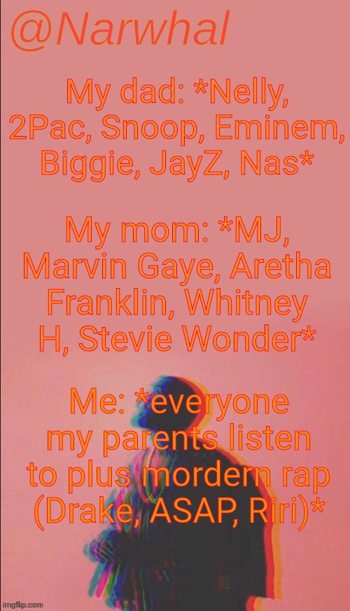 It's cuz of my dad I enjoyed the last halftime show. If Tupac & Biggie were there it would've been perfect | My dad: *Nelly, 2Pac, Snoop, Eminem, Biggie, JayZ, Nas*; My mom: *MJ, Marvin Gaye, Aretha Franklin, Whitney H, Stevie Wonder*; Me: *everyone my parents listen to plus mordern rap (Drake, ASAP, Riri)* | image tagged in narwhal's kanye west announcement temp | made w/ Imgflip meme maker
