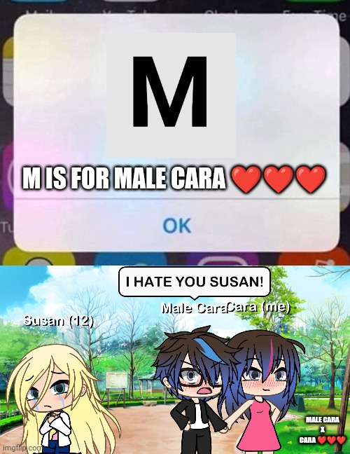 Male Cara doesn't like Susan. | M IS FOR MALE CARA ❤️❤️❤️; MALE CARA
 X 
CARA ❤️❤️❤️ | image tagged in iphone notification,pop up school,memes,love | made w/ Imgflip meme maker