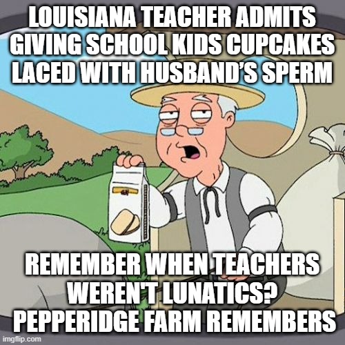 Pepperidge Farm Remembers | LOUISIANA TEACHER ADMITS GIVING SCHOOL KIDS CUPCAKES LACED WITH HUSBAND’S SPERM; REMEMBER WHEN TEACHERS WEREN'T LUNATICS?  PEPPERIDGE FARM REMEMBERS | image tagged in memes,pepperidge farm remembers | made w/ Imgflip meme maker