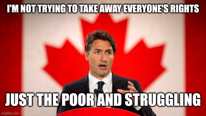 Justin Trudeau | I'M NOT TRYING TO TAKE AWAY EVERYONE'S RIGHTS; JUST THE POOR AND STRUGGLING | image tagged in justin trudeau | made w/ Imgflip meme maker