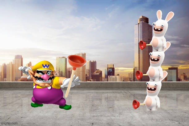 Wario falls of the building and dies after he challanged 3 rabbids to a plunger fight | image tagged in on top of a building,wario dies,wario,rabbids,building | made w/ Imgflip meme maker