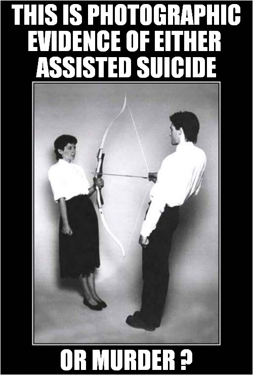 You Decide ? | THIS IS PHOTOGRAPHIC EVIDENCE OF EITHER 
ASSISTED SUICIDE; OR MURDER ? | image tagged in archery,suicide,murder,dark humour | made w/ Imgflip meme maker