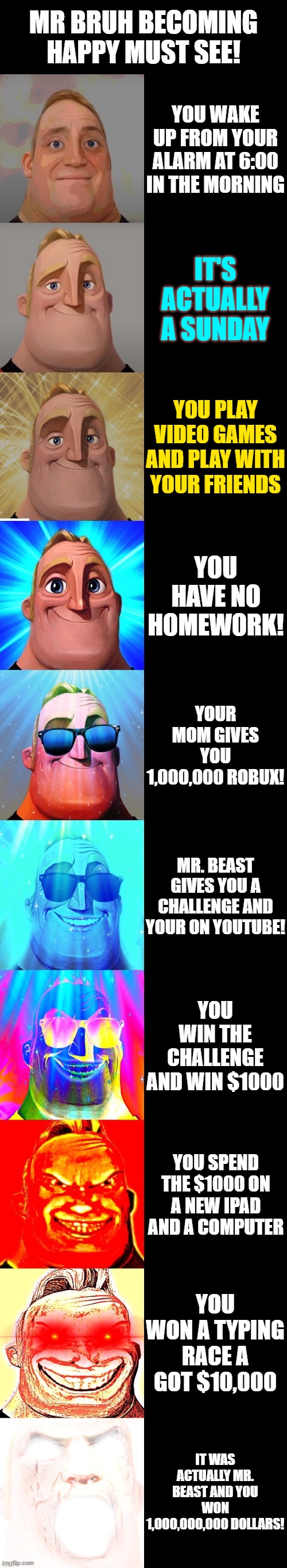 mr incredible becoming canny | MR BRUH BECOMING HAPPY MUST SEE! YOU WAKE UP FROM YOUR ALARM AT 6:00 IN THE MORNING; IT'S ACTUALLY A SUNDAY; YOU PLAY VIDEO GAMES AND PLAY WITH YOUR FRIENDS; YOU HAVE NO HOMEWORK! YOUR MOM GIVES YOU 1,000,000 ROBUX! MR. BEAST GIVES YOU A CHALLENGE AND YOUR ON YOUTUBE! YOU WIN THE CHALLENGE AND WIN $1000; YOU SPEND THE $1000 ON A NEW IPAD AND A COMPUTER; YOU WON A TYPING RACE A GOT $10,000; IT WAS ACTUALLY MR. BEAST AND YOU WON 1,000,000,000 DOLLARS! | image tagged in mr incredible becoming canny | made w/ Imgflip meme maker
