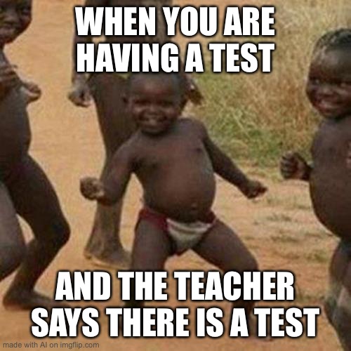 Third World Success Kid | WHEN YOU ARE HAVING A TEST; AND THE TEACHER SAYS THERE IS A TEST | image tagged in memes,third world success kid | made w/ Imgflip meme maker