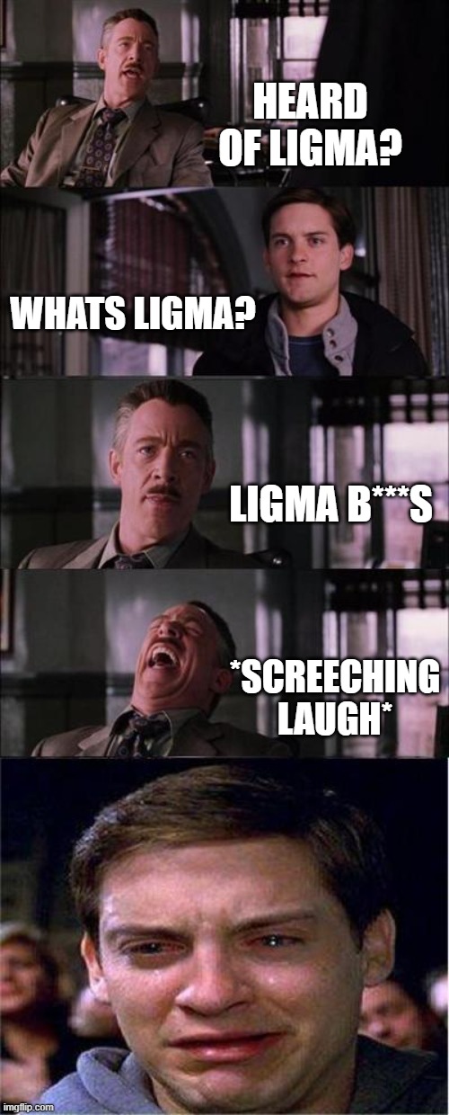 you are comfirmed ligma | HEARD OF LIGMA? WHATS LIGMA? LIGMA B***S; *SCREECHING LAUGH* | image tagged in memes,peter parker cry | made w/ Imgflip meme maker