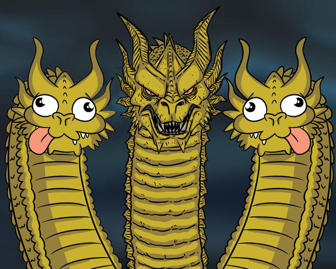 Three headed Dragon but stupid Blank Meme Template