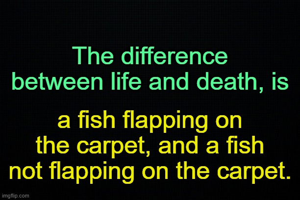 Kill Bill. | The difference between life and death, is; a fish flapping on the carpet, and a fish not flapping on the carpet. | image tagged in black | made w/ Imgflip meme maker