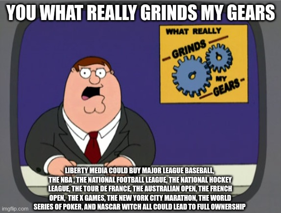 since they completed the purchase of the Formula One Group, i dont see Liberty Media buying out every single sports league ever. | YOU WHAT REALLY GRINDS MY GEARS; LIBERTY MEDIA COULD BUY MAJOR LEAGUE BASEBALL, 
THE NBA , THE NATIONAL FOOTBALL LEAGUE, THE NATIONAL HOCKEY LEAGUE, THE TOUR DE FRANCE, THE AUSTRALIAN OPEN, THE FRENCH OPEN,  THE X GAMES, THE NEW YORK CITY MARATHON, THE WORLD SERIES OF POKER, AND NASCAR WITCH ALL COULD LEAD TO FULL OWNERSHIP | image tagged in memes,peter griffin news,sports,why are you reading this | made w/ Imgflip meme maker