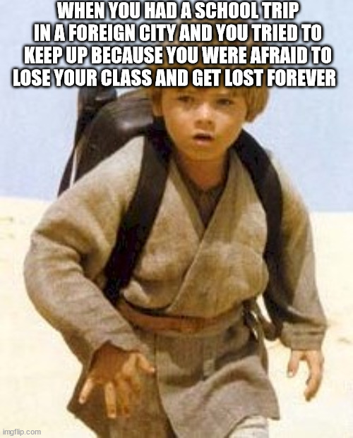 Anakin Skywalker | WHEN YOU HAD A SCHOOL TRIP IN A FOREIGN CITY AND YOU TRIED TO KEEP UP BECAUSE YOU WERE AFRAID TO LOSE YOUR CLASS AND GET LOST FOREVER | image tagged in anakin skywalker | made w/ Imgflip meme maker
