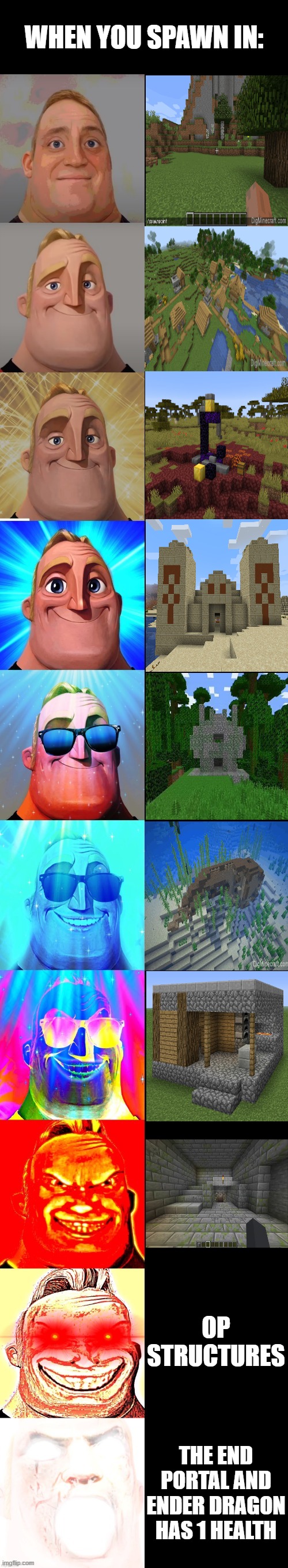 Minecraft when you spawn: | WHEN YOU SPAWN IN:; OP STRUCTURES; THE END PORTAL AND ENDER DRAGON HAS 1 HEALTH | image tagged in mr incredible becoming canny,minecraft | made w/ Imgflip meme maker