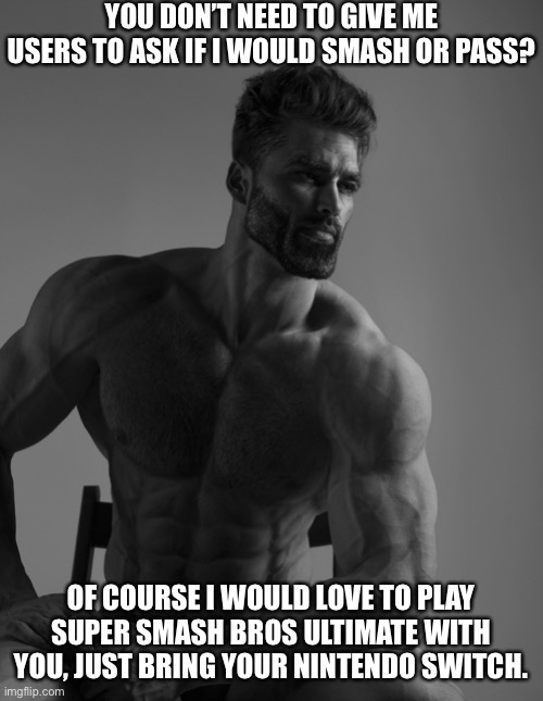 Giga Chad | YOU DON’T NEED TO GIVE ME USERS TO ASK IF I WOULD SMASH OR PASS? OF COURSE I WOULD LOVE TO PLAY SUPER SMASH BROS ULTIMATE WITH YOU, JUST BRING YOUR NINTENDO SWITCH. | image tagged in giga chad | made w/ Imgflip meme maker