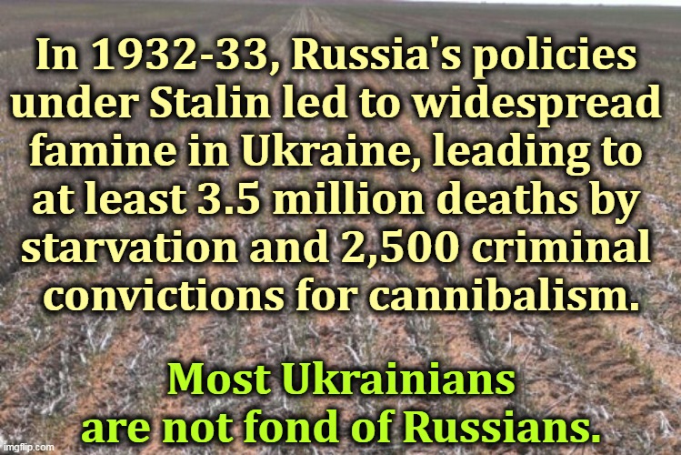 Putin admires Stalin. | In 1932-33, Russia's policies 
under Stalin led to widespread 
famine in Ukraine, leading to 
at least 3.5 million deaths by 
starvation and 2,500 criminal 
convictions for cannibalism. Most Ukrainians are not fond of Russians. | image tagged in russia,stalin,ukraine,starvation,cannibalism,putin | made w/ Imgflip meme maker