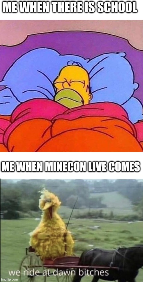 Can't wait for the next minecon live | ME WHEN THERE IS SCHOOL; ME WHEN MINECON LIVE COMES | image tagged in homer simpson sleeping peacefully,we ride at dawn bitches,minecraft,funny,memes | made w/ Imgflip meme maker