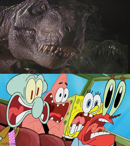 Rexy meets Spongebob,Patrick,Squidward,and Mr Krabs | image tagged in spongebob,jurassic park,jurassic world,dinosaur,crossover | made w/ Imgflip meme maker