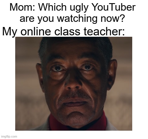 Mom: Which ugly YouTuber are you watching now? My online class teacher: | image tagged in blank white template | made w/ Imgflip meme maker