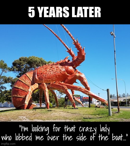 “I’m looking for that crazy lady who lobbed me over the side of the boat…” 5 YEARS LATER | made w/ Imgflip meme maker