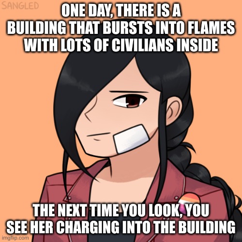 powers are recommend, but not needed. also, if romance, she is lesbian. no erp, no joke or op ocs, and enjoy! |  ONE DAY, THERE IS A BUILDING THAT BURSTS INTO FLAMES WITH LOTS OF CIVILIANS INSIDE; THE NEXT TIME YOU LOOK, YOU SEE HER CHARGING INTO THE BUILDING | image tagged in fire,roleplaying | made w/ Imgflip meme maker