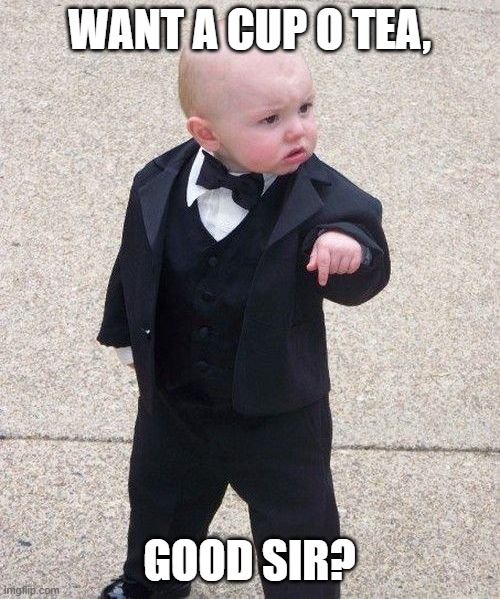 Baby Godfather Meme | WANT A CUP O TEA, GOOD SIR? | image tagged in memes,baby godfather | made w/ Imgflip meme maker