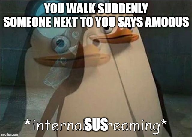 Amongus is everywhere | YOU WALK SUDDENLY SOMEONE NEXT TO YOU SAYS AMOGUS; SUS | image tagged in private internal screaming,memes | made w/ Imgflip meme maker