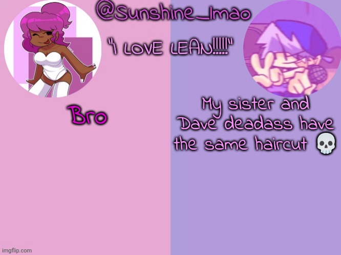 Sunshine's lean temp idek | My sister and Dave deadass have the same haircut 💀; Bro | image tagged in sunshine's lean temp idek | made w/ Imgflip meme maker