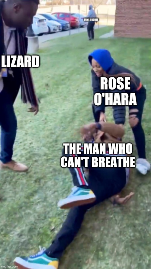 Just some random  horror villains meeting | JAMES BONES; LIZARD; ROSE O'HARA; THE MAN WHO CAN'T BREATHE | image tagged in horror | made w/ Imgflip meme maker