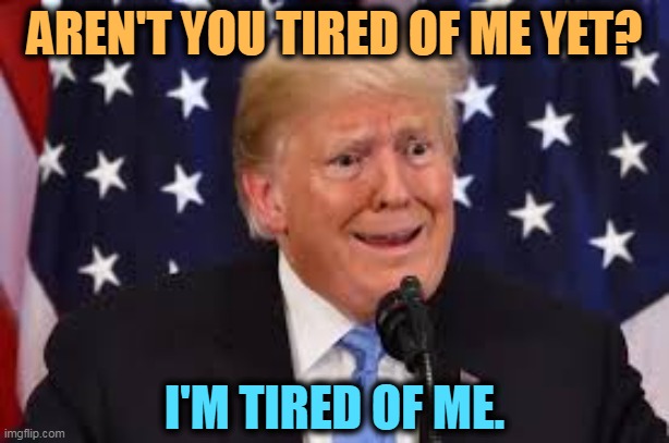 Every day the same old stuff. | AREN'T YOU TIRED OF ME YET? I'M TIRED OF ME. | image tagged in trump dilated and taken aback,trump,bored,boring | made w/ Imgflip meme maker