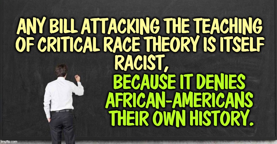 ANY BILL ATTACKING THE TEACHING 
OF CRITICAL RACE THEORY IS ITSELF 
RACIST, BECAUSE IT DENIES 
AFRICAN-AMERICANS 
THEIR OWN HISTORY. | image tagged in america,racist,history | made w/ Imgflip meme maker