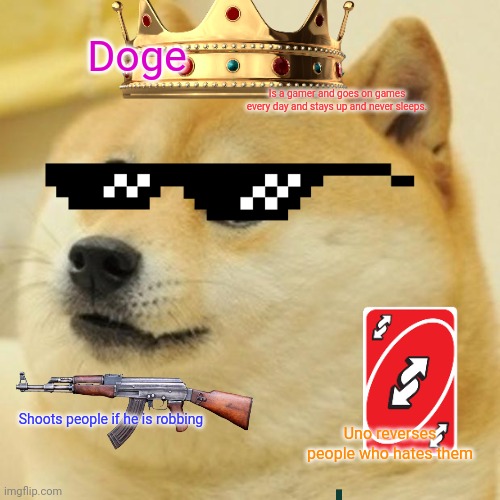 Doge | Doge; Is a gamer and goes on games every day and stays up and never sleeps. Shoots people if he is robbing; Uno reverses people who hates them | image tagged in memes,doge | made w/ Imgflip meme maker