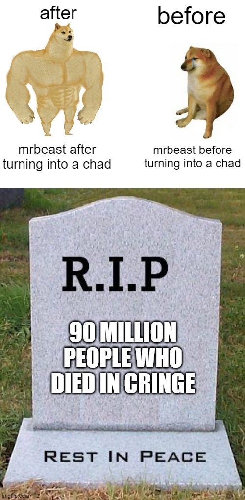 dont kill us in the future mrbeast |  after; before; mrbeast after turning into a chad; mrbeast before turning into a chad; 90 MILLION PEOPLE WHO DIED IN CRINGE | image tagged in memes,buff doge vs cheems,rip headstone,mrbeast,lol,chad | made w/ Imgflip meme maker