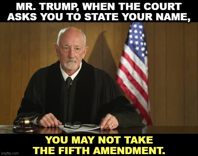 MR. TRUMP, WHEN THE COURT ASKS YOU TO STATE YOUR NAME, YOU MAY NOT TAKE THE FIFTH AMENDMENT. | image tagged in trump,fifth,court,trial,criminal | made w/ Imgflip meme maker