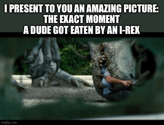 Its perfect! | I PRESENT TO YOU AN AMAZING PICTURE:
THE EXACT MOMENT A DUDE GOT EATEN BY AN I-REX | image tagged in indominus rex,jurassic world | made w/ Imgflip meme maker