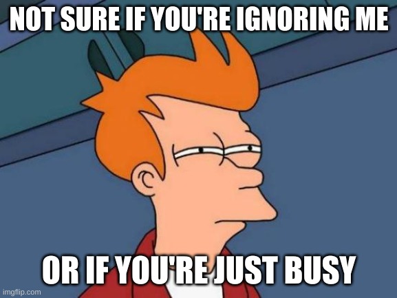 Futurama Fry | NOT SURE IF YOU'RE IGNORING ME; OR IF YOU'RE JUST BUSY | image tagged in memes,futurama fry | made w/ Imgflip meme maker