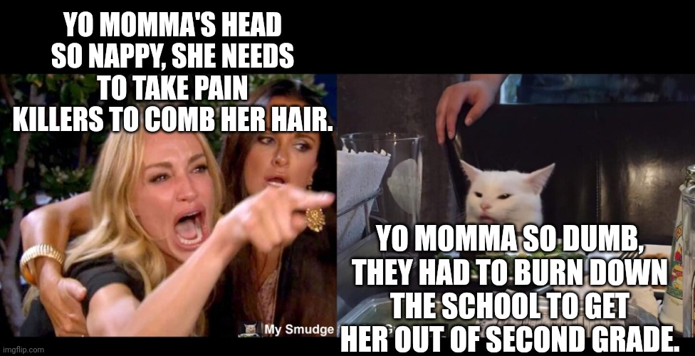 YO MOMMA'S HEAD SO NAPPY, SHE NEEDS TO TAKE PAIN KILLERS TO COMB HER HAIR. YO MOMMA SO DUMB, THEY HAD TO BURN DOWN THE SCHOOL TO GET HER OUT OF SECOND GRADE. | image tagged in smudge the cat | made w/ Imgflip meme maker