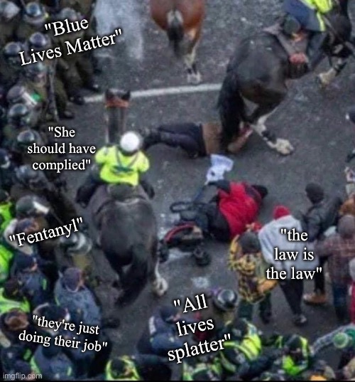 whiplash | "Blue Lives Matter"; "She should have complied"; "Fentanyl"; "the law is the law"; "All lives splatter"; "they're just doing their job" | made w/ Imgflip meme maker